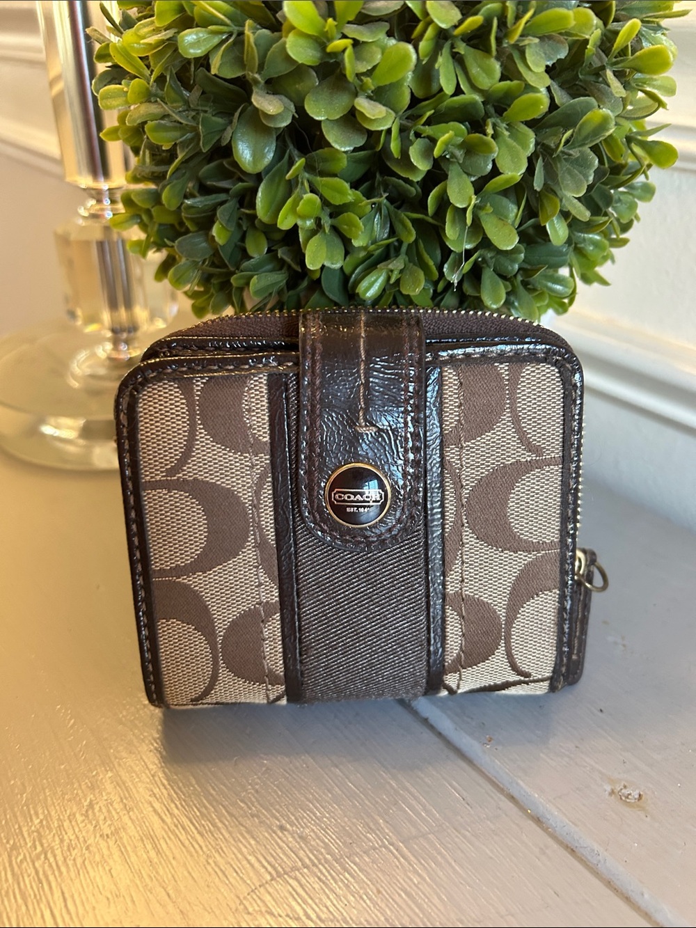 Coach Signature Canvas Compact Wallet in Brown and Beige